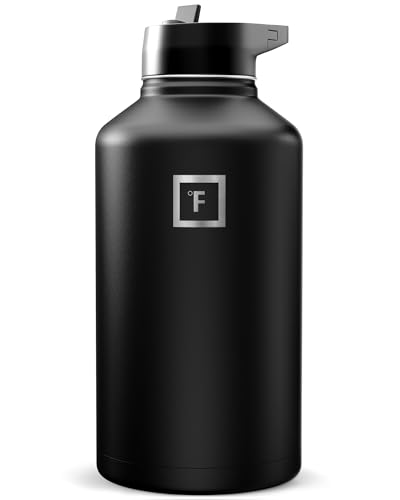 IRON °FLASK Camping & Hiking Hydration Flask with Straw, Wide Mouth Insulated Stainless Steel Sports Water Bottle - Midnight Black 64 oz - Straw (1 Lid)