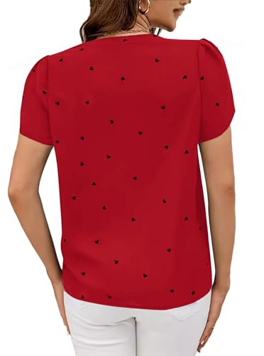 Avanova Women Heart Print Tulip Short Sleeve Shirt Blouse Notched V Neck Work Top2