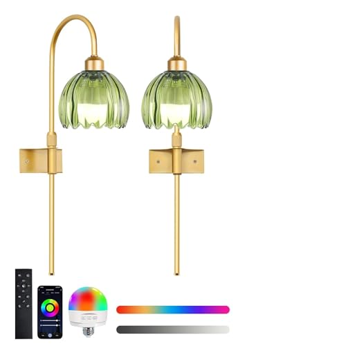 Image of ZECOXOL Vintage Battery Operated Wall Sconces Set of 2, Gold Rechargeable Wireless Wall Lamp Lights with Glass Lampshade & Remote,Dimmable 12 Colors Flower Wall Sconce for Bedroom Living Room Hallway