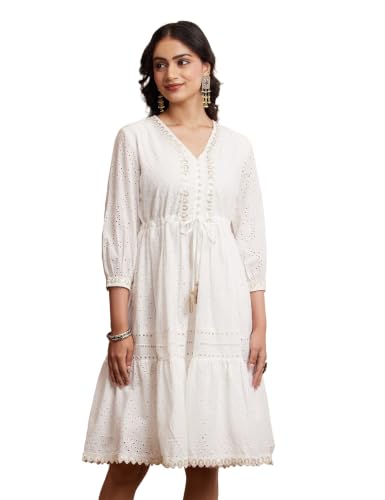 Image of Amazon Brand - Myx Women's Schiffli Dress | Casual Cotton Dress | Knee-Length (Available in Plus Sizes)