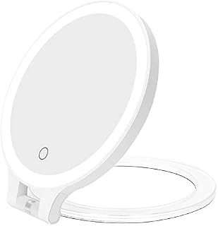 Magnifying Mirror 10X/1X, Double Sided Tabletop Mirror with Adjustable Folding Handle, Portable LED Cosmetic Mirror for Makeup/Bathroom/Travel,Tweezing, Blackhead and Comedone Removal-3 Colors Light