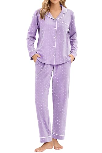 Image of LUBOT 100% Cotton Pajamas for Women Pajama Set Soft 2 Piece Sleepwear PJ Set Long Sleeve Knit Button Cozy Loungewear XS-XXL
