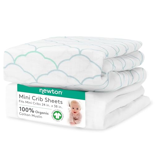 Image of Newton Baby MINI CRIB Fitted Sheets (2-Pack) | Organic Muslin Cotton, Breathable Soft Baby Sheets, Washable Baby Mattress Sheets, Fits Any Mini Sized Crib 24" x 38", Dreamweaver Moonstone Mist + White