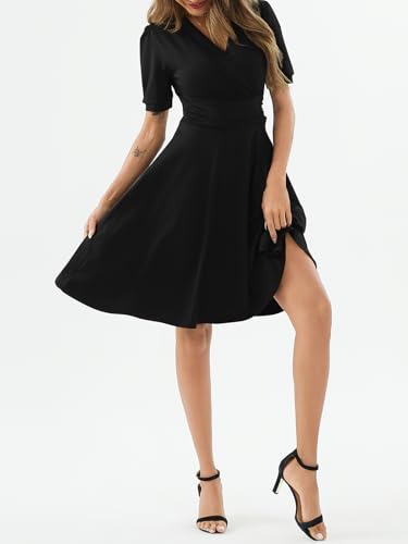 Image of Women's Summer Casual Dress Short Sleeve Wrap V-Neck A-Line Dress Sundress Wedding Guest Cocktail Midi Dresses