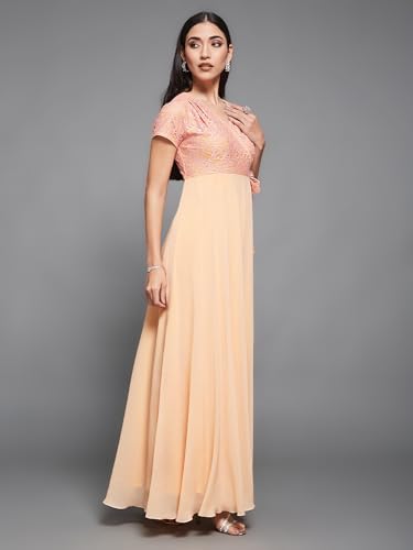 Image of Miss Chase Women's V-Neck Full Sleeve Self Design Lace-Overlaid Georgette Maxi Dress