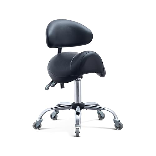 Saddle Stool with Adjustable Lumbar Support - Heavy Duty 400LB Hydraulic Rolling Stool Chair with Backrest 19-25 Height Adjustable with Quiet Wheels for Salon Dental Tattoo Massage Home Office