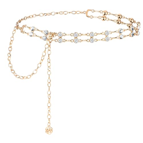 Women Rhinestone Chain Belt, Crystal Link Belt Metal Dress Belt Adjustable Skinny Waist Chain Belt (Gold)