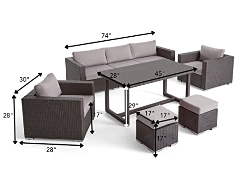 Image of DEVOKO 6-Piece Outdoor Patio Dining Sectional Sofa Set with Table & Chairs, All-Weather Wicker Conversation Set Ottoman for Backyard, Garden (Dark Brown & Cream)