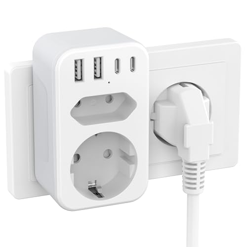 Multipla 6 in 1: 1 presa Schuko, 1 presa europea, 2 porte USB-A e 2 porte USB-C ti permettono di ricaricare contemporaneamente 6 dispositivi. Potenza massima: 3680W (fino a 16A). La comodità di avere 2 prese AC insieme a porte USB ad alta velocità, inclusa USB-C, la rende un accessorio versatile ed essenziale per qualsiasi individuo o famiglia.
