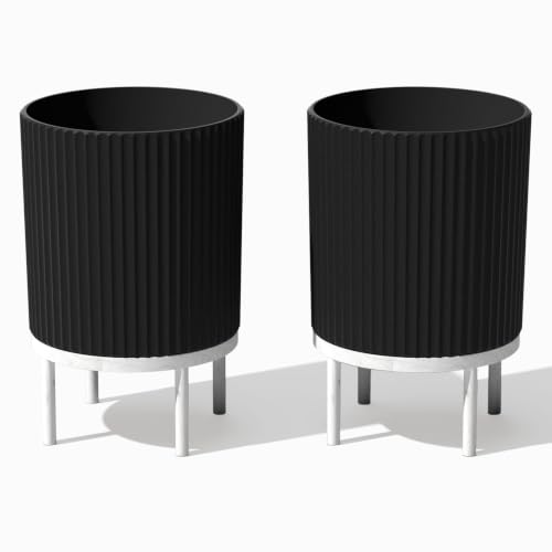 Image of Veradek Demi Series Raised Planter - Round Planter with Stand | Made From a Durable Plastic-Stone Composite & Comes With Wooden Stand. Modern Porch /Patio Decor