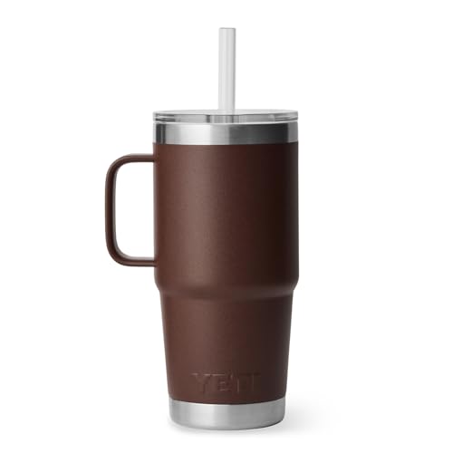 Image of YETI Rambler 25 oz Tumbler with Handle and Straw Lid, Travel Mug Water Tumbler, Vacuum Insulated Cup with Handle, Stainless Steel, Wetlands Brown