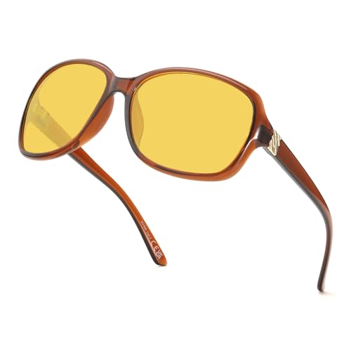 TJUTR Gafas de conducción nocturna para mujer, antirreflejos, lentes de visión nocturna para conducir, lentes amarillas polarizadas con protección UV400 que reduce el deslumbramiento de los faros