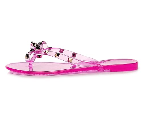 Image of Studded Jelly Shoes for Womens Bow Flip Flops Jellies Sandals Flat Black Summer Beach Thong with Rivets Strappy Slides Slip On