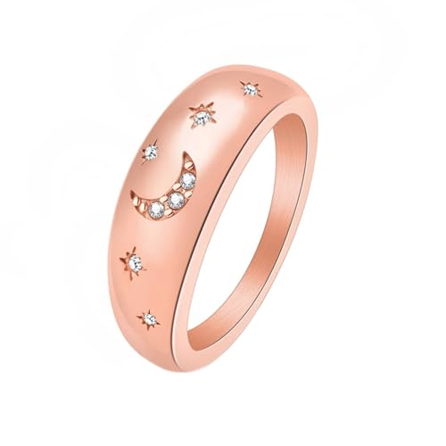 Anneau de diamant CZ éclatant et bague lune étoile chic en acier inoxydable
