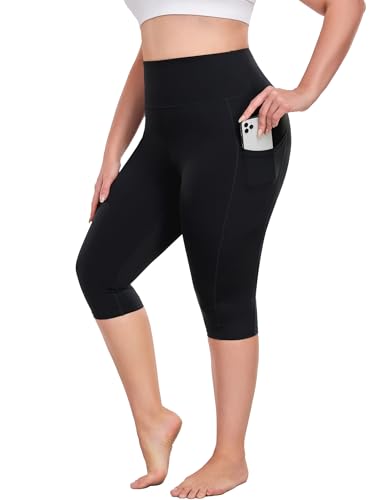 Plus Size Leggings with Pockets Knee Length, L-5XL Capri Yoga Pants High Waisted, Tummy Control Workout Leggings2