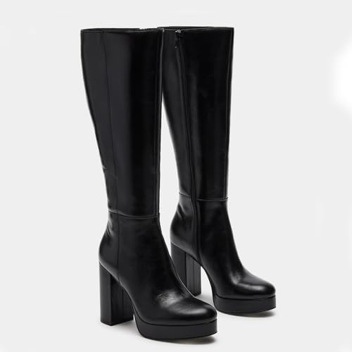 Women's Platform Gogo Boots Leather Stretch Knee High Boots Pointed Toe Side Zipper Boots Chunky High Heel Boots Dress Long Boots Disco Party Tall Boots3