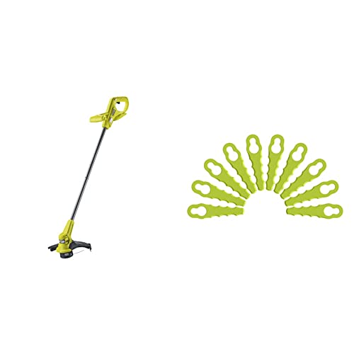 RYOBI - Coupe-Bordures/Dresse-Bordures 18V One+ - Ø Coupe 23cm - Ø Fil 1 x 1,6mm - Vendu sans Batterie ni Chargeur & Lot de 10 Lames de Rechange en Plastique Jaune - pour Têtes Double Lames Dentelées