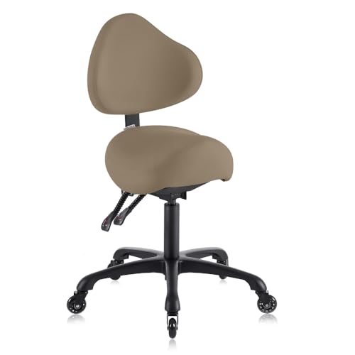 Pneumatic Swivel Rolling Saddle Chair with Wheels and Ergonomic Back Support for Hair Stylist, Dental Hygienist, Hygienic Clinic, Spa, Massage, Home, Office - 510 KOA (Tan, Standard)