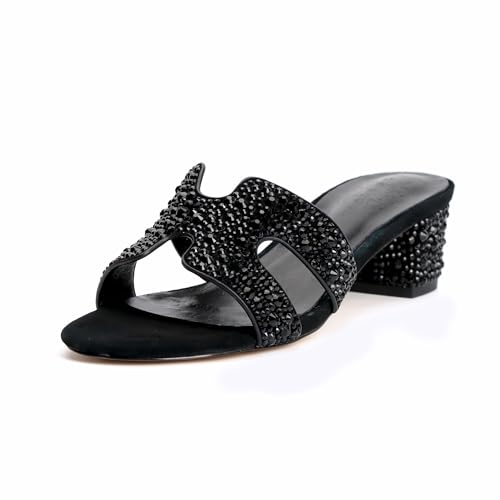 XOBZJH Evening Dress Shoes Rhinestone Black Block Heeled Sandals for Women 2025,Designer Luxury Crystals Slides H Sandals for Wedding Party Footwear