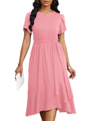 Image of PerZeal Women's Summer Dress Casual Ruffle Sleeve Crewneck A-Line Tiered Flowy Short Sleeve Long Dress with Belt