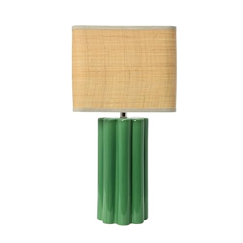 Creative Co-Op Stoneware Table Lamp with Fluted Base and Raffia Shade, Green