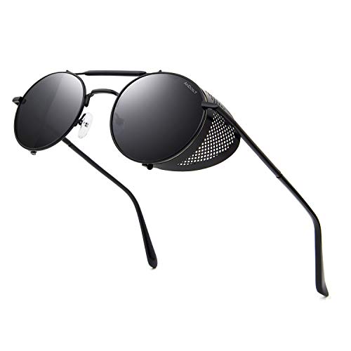 Andoilt D503N-1 Steampunk Style Round Sunglasses For Men Women Vintage Retro Eyewear Matel Frame Uv400 Protection Black Frame Gray Lens cover