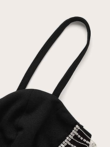 Verdusa Women's Rhinestone Fringe Spaghetti Strap Sweetheart Neck Crop Cami Top Black M #TOP3