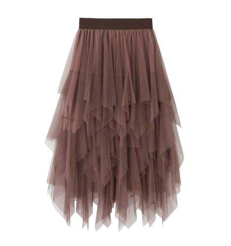 Tulle Skirts for Women Layered Midi Length Elastic Waist Mesh Tutu Skirt Chic Asymmetrical Ruffled Mesh Skirt, Champagne