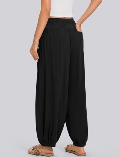 TARSE Womens Linen Wide Leg Pants Casual Loose Elastic Waisted Barrel Beach Palazzo Pants with Pockets2