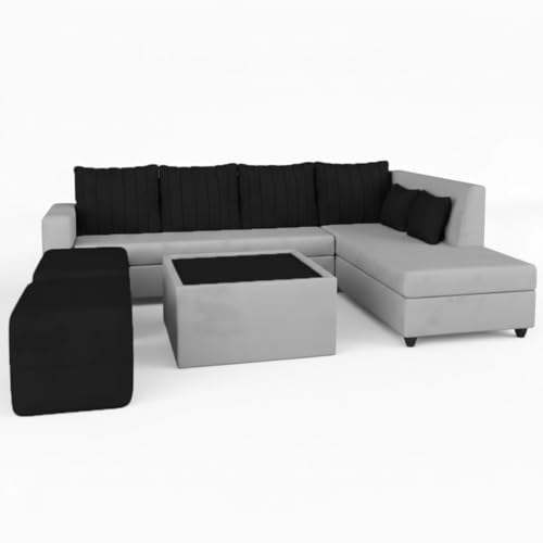 Image of CASASTYLE Stylano 8 Seater Fabric RHS L Shape Sofa Set with 1 Centre Table & 2 Ottoman (Black-Light Grey) 8-Person Seating with Premium Velvet Finish