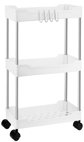 FUREINSTORE Carrito Estrecho de Almacenamiento Movible de Plástico con Ruedas – Estante Organizador Ideal para Cocina, Baño, Oficina o Dormitorio, Fácil Montaje y Transporte (Blanco, 3 Niveles)