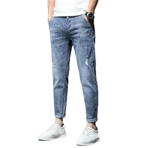 Spring Autumn Stretch Cotton Hole Men's Ankle Length Jeans Streetwear Denim Pants Korean Casual Trousers Male