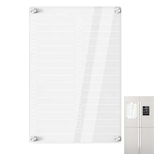 Pizarra blanca magnética para frigorífico – Pizarra de notas de borrado en transparente reutilizable de acrílico, bloc de planificación de tareas de 30,48 x 20,32 cm, diseño transparente con 3 ma
