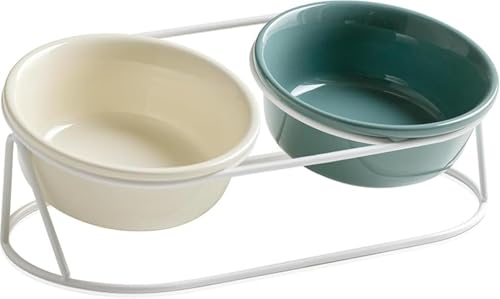 AOBOPO 食器・ボウル 給水ボウル/フードボウル兼用食器洗い機対応 餌やり・水やり用品 セラミック猫用食器セット15度傾斜設計金属スタンド付属頸椎保護ペット用食器小型犬対応