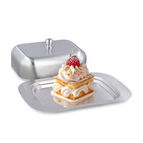 Edelstahl Butterglocke - Butter Dish mit Deckel, 19x12.5x7cm, für 250g Butter, auch geeignet für Käse, Kuchen, Desserts, kalte Gerichte und kleine Früchte, Silber