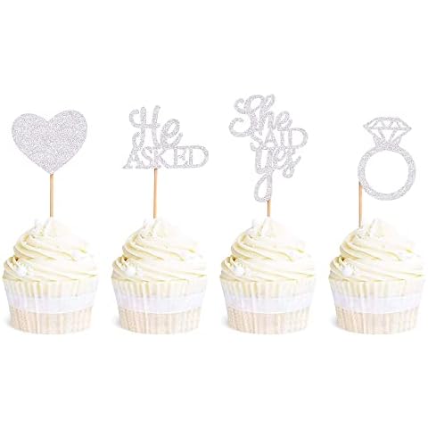 Blumomon 24Pcs He Asked She Said Yes Cupcake Toppers with Glitter Heart Ring Bachelorette Cake Picks Decorations for Wedding Engagement Bridal Shower Party Supplies Silver Cover