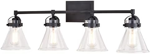 VAXCEL Mason 4-Light 32.5 inch Wide Charcoal Black Farmhouse Bathroom Vanity Lighting Fixture, Clear Glass Shade, Dimmable, LED Compatible, Over The Mirror Mounted Steel Wall Sconce