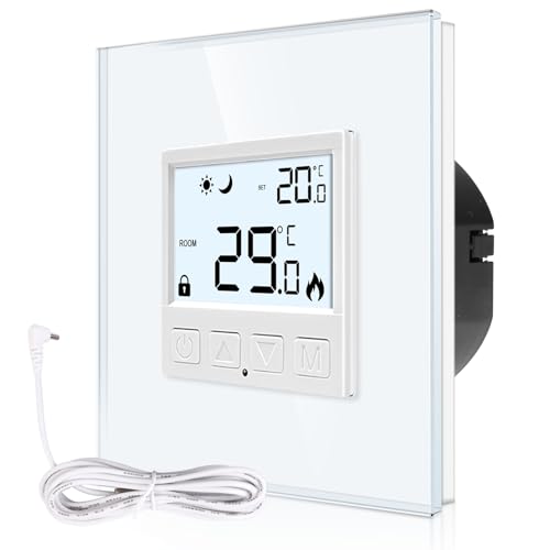CNBINGO Digitaler Raumthermostat Unterputz mit Fühler, Thermostat für Wasser Fußbodenheizungen und Boiler, Wandthermostat für Heizung und Kühlungssysteme, Weiß mit Glasrahmen