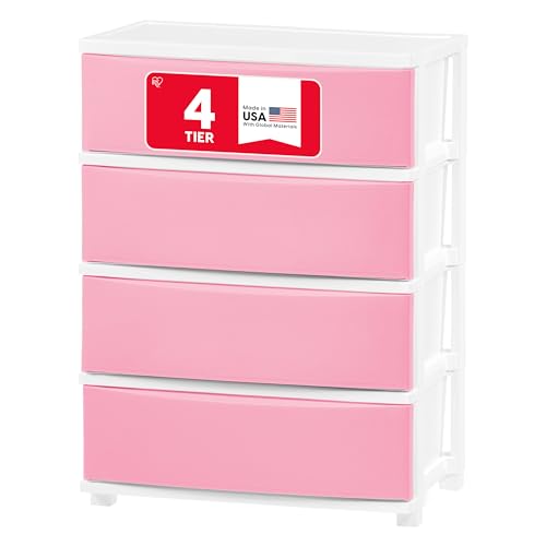 Image of IRIS USA Plastic Drawer Storage Organizer, 4-Drawers, for Art Supplies Bathroom Dorm Bedroom Laundry Room, Wide, White Frame with Matte Pink Front Panels