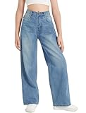 EXARUS Girls Jeans Baggy Wide Leg Cute Teen Denim Pants Junior Mid Rise Elastic Band with Pockets Casual Kids Washed Blue 14Y
