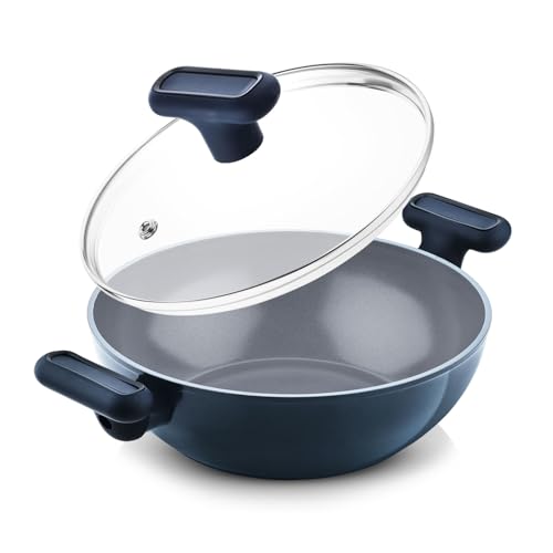 Image of BERGNER Jade 24cm (2.5L) Kadai with Glass Lid, Ceramic Non-Stick Coating, Sturdy Soft Touch Handles, PFOA /PFAS /PTFE Free, Healthy Cooking, Forged Aluminium - Induction and Gas Stove Ready
