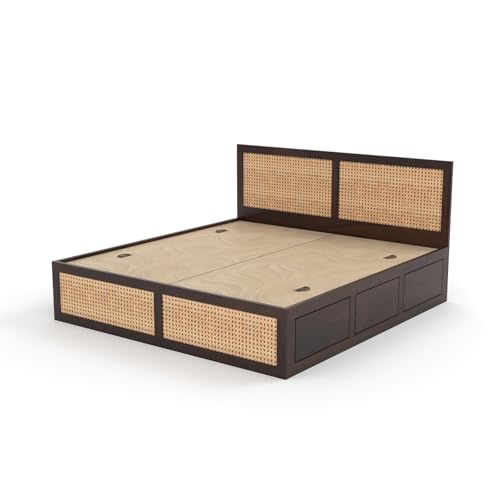 Image of Sheesham Wood Cane Bed with Box Storage for Bedroom | Queen Size Wooden Double Bed Palang with Rattan Headboard & Footboard (Walnut Finish)