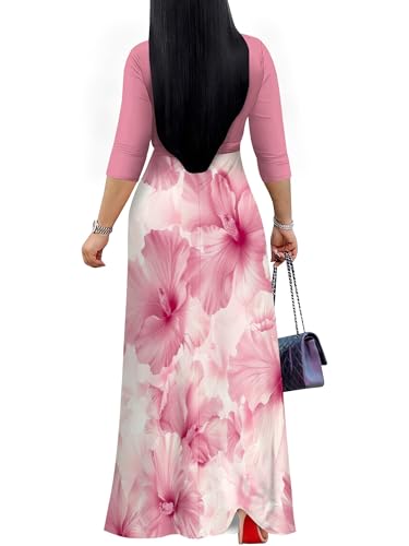 Image of SUZONANA Plus Size Dresses for Women Floral Print Maxi Dress Flowy 3 /4 Sleeve with Belt