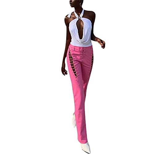 Women s Lace Up PU Leather Pants Chic High Waist Hollow Out Drawstring Bandage Cut Out Faux Leather Trousers (Pink, S)