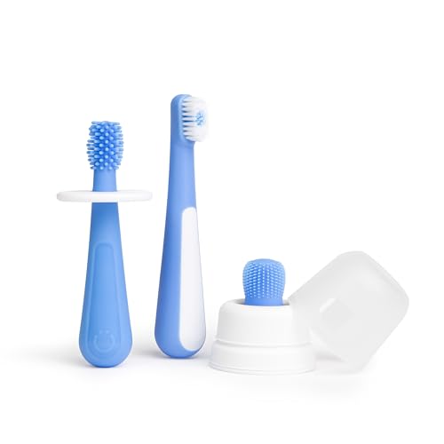 Image of Ubbi Grow with Me Toothbrush Training Set for Babies and Toddlers, Includes Silicone Finger Brush, 360° and Soft Bristled Toothbrush, Polaris Blue