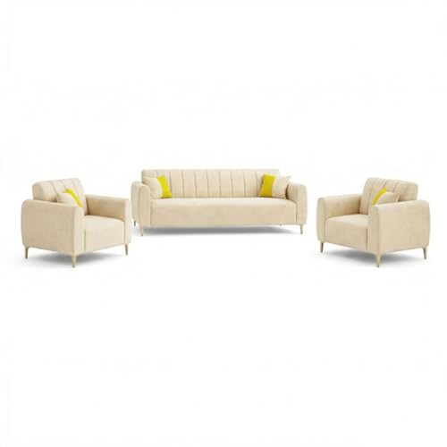 Image of Habibi Rich Velvet Suede 3+1+1 Seater Sofa Set | Spacious Soft Touch Comfort Seating | 5 Person Seating | Modern Living Room Sofa Set (Cream)