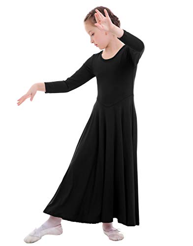 Zx Girl's Long Sleeve Praise Dance Full Length Wide Swing Lyrical Dancewear Liturgical Worship Costume Dress, Black, 13-14 Years #TOP4