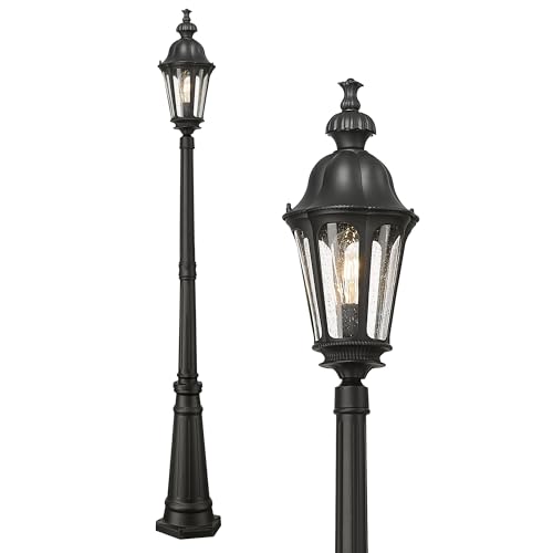 Image of HWH Outdoor Pole Lights with Post 85'' Aluminum Lamp Post Light Fixtures with Seeded Glass, Exterior Hardwired Street Light for Outside Yard Garden Pathway, Matte Black, 5HW90PL BK