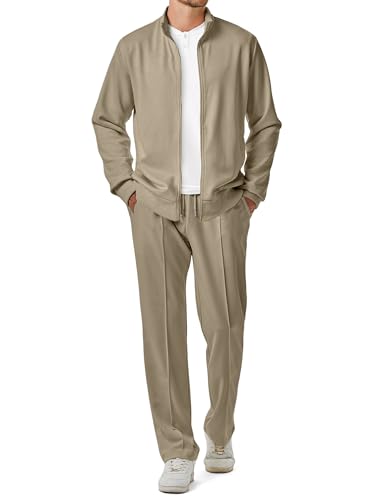JMIERR Mens Tracksuits Two Piece Set Casual Sweatsuit Full Zip Jacket & Jogger Pants Warm Up Athletic Lounge Comfiest Airport Outfits for Men, M, Khaki