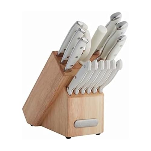 Image of Farberware 15-Piece Forged Triple Rivet Knife Block Set, Razor-Sharp Kitchen Knife Set with Wood Block, High-Carbon Stainless Steel, White